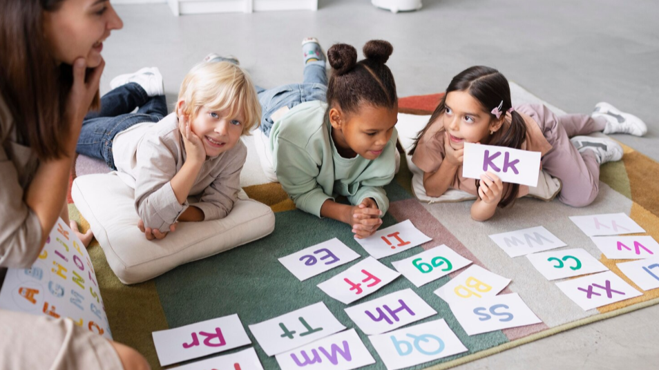 Niños aprendiendo letras con tarjetas educativas, acompañados por una maestra en un entorno lúdico de aprendizaje