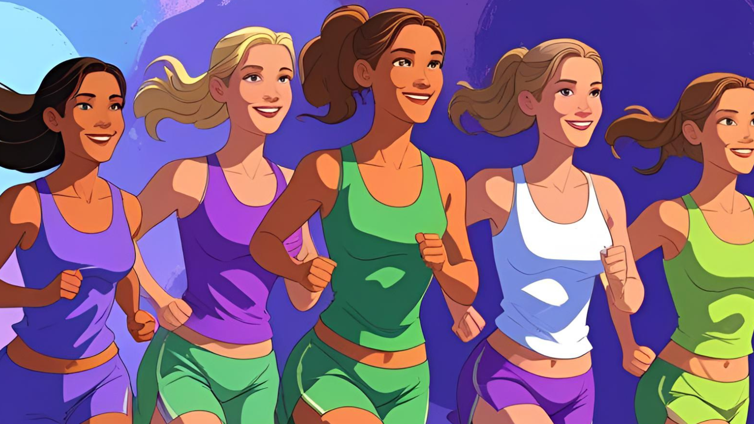 Mujeres vestidas de morado verde y amarillo corriendo una carrera