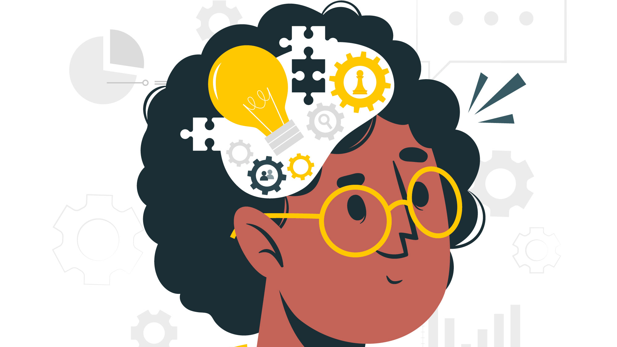 Ilustración de una persona con gafas generando ideas
