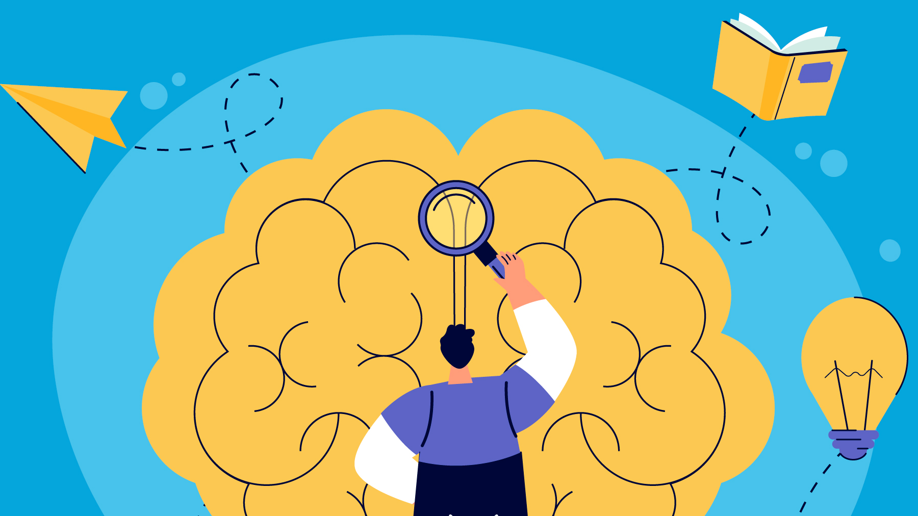 Ilustración de un cerebro con lupa, libro y avión de papel, representando ideas, aprendizaje y agilidad lectora