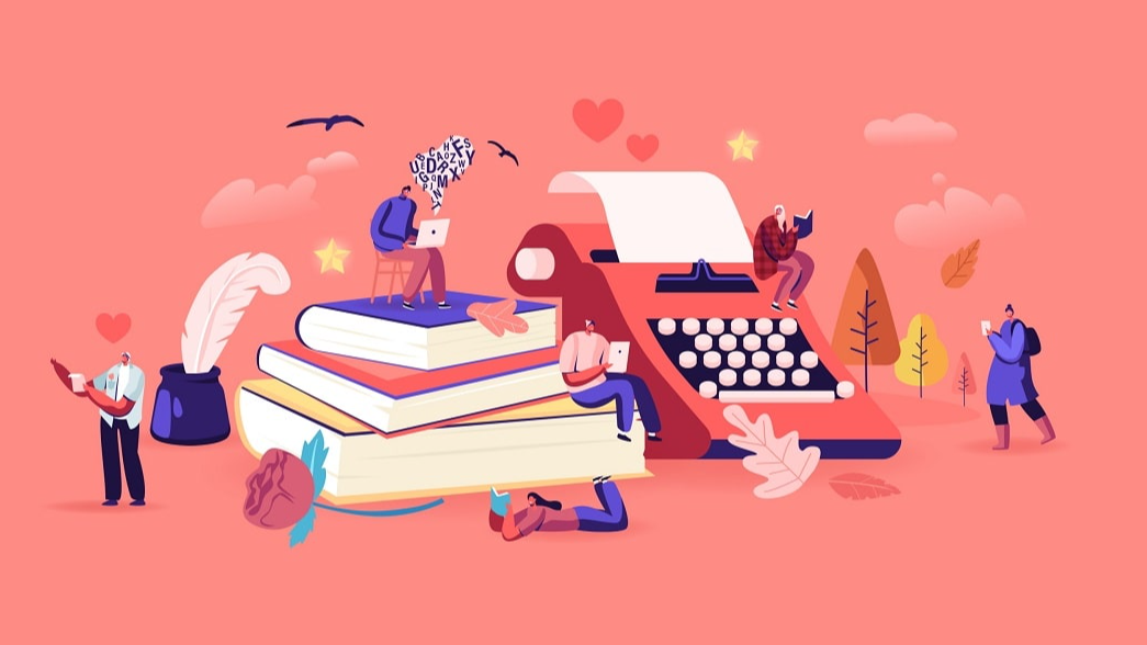 Ilustración de personas leyendo y escribiendo alrededor de libros gigantes y una máquina de escribir, representando la creatividad, la lectura y el pensamiento crítico.