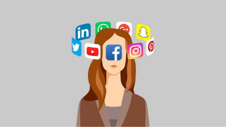 Persona rodeada de iconos de redes sociales y notificaciones que representan distracciones digitales y saturación de atención