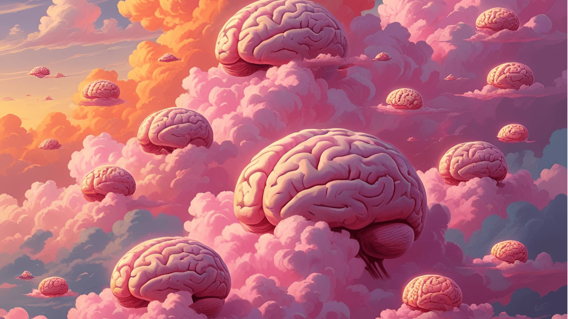 Cerebros animados flotando en las nubes 